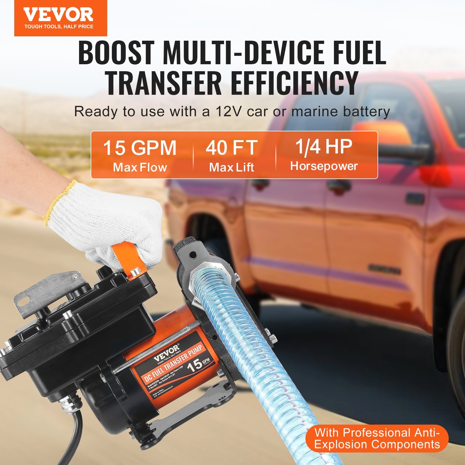 VEVOR Fuel Transfer Pump 12V 15GPM 1/4HP Diesel Pump Auto Nozzle - Image 2