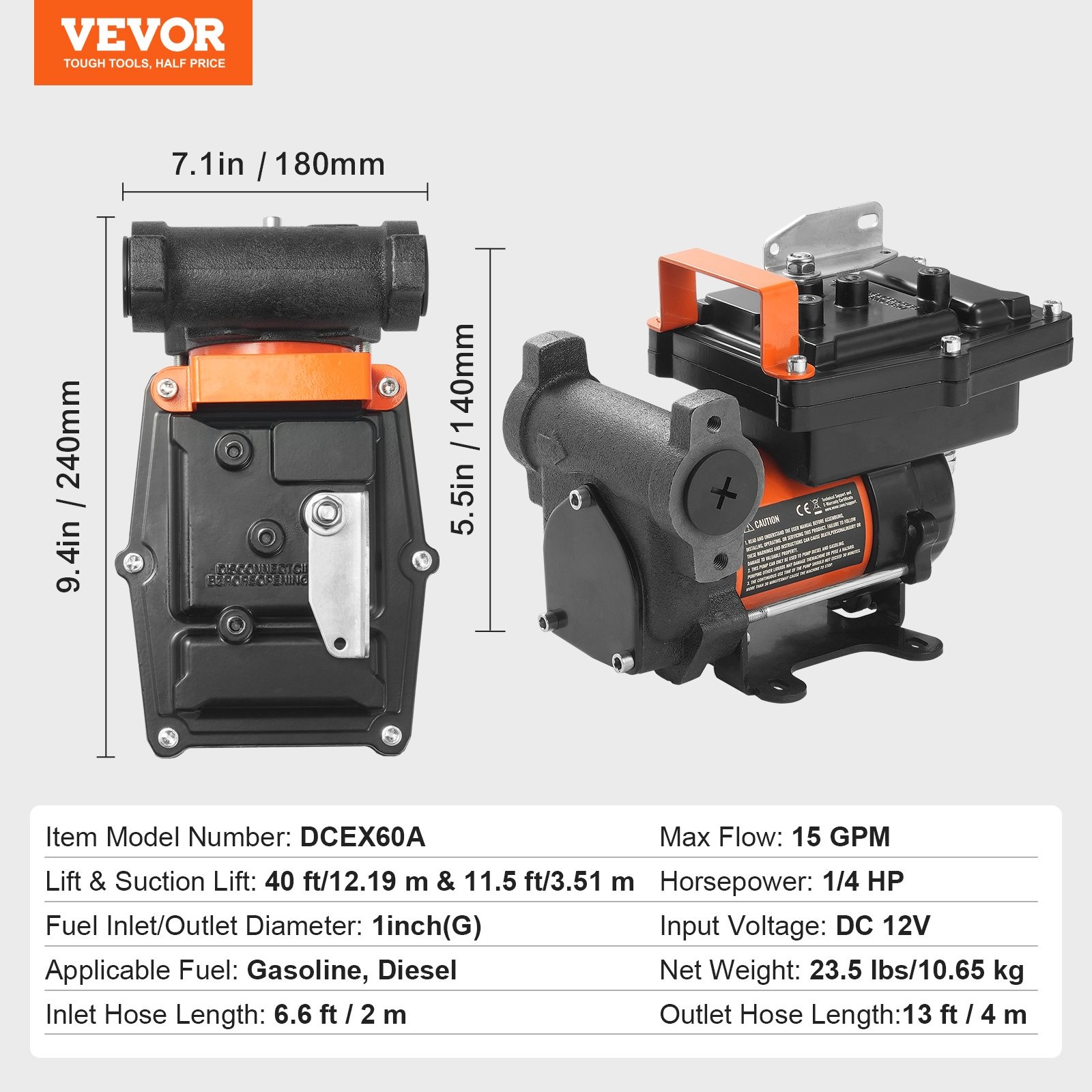 VEVOR Fuel Transfer Pump 12V 15GPM 1/4HP Diesel Pump Auto Nozzle - Image 7
