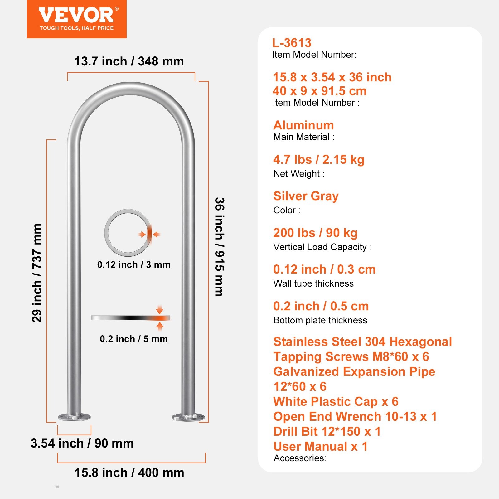 VEVOR Pool Handrail 36x13 Aluminum Safety Rail w/ Base Plate - Image 7