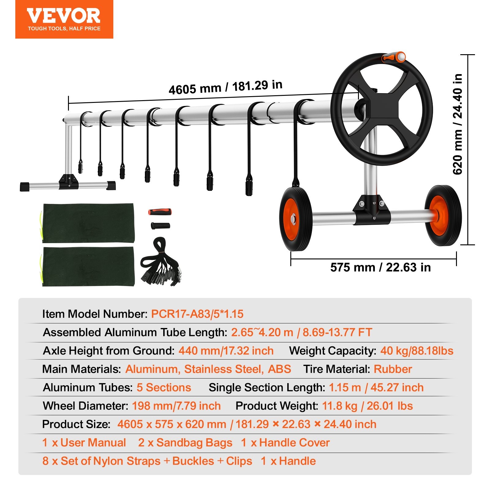 VEVOR Pool Cover Reel 14ft Aluminum Solar Reel Inground w/ Wheels - Image 7
