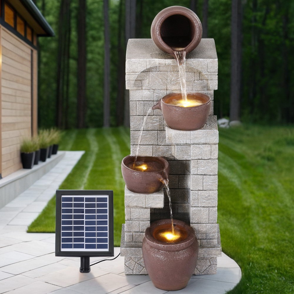 4-Tier Cascading Solar Water Fountain Brown Outdoor/Indoor Pot Feature 100-200L/H Flow - Image 3