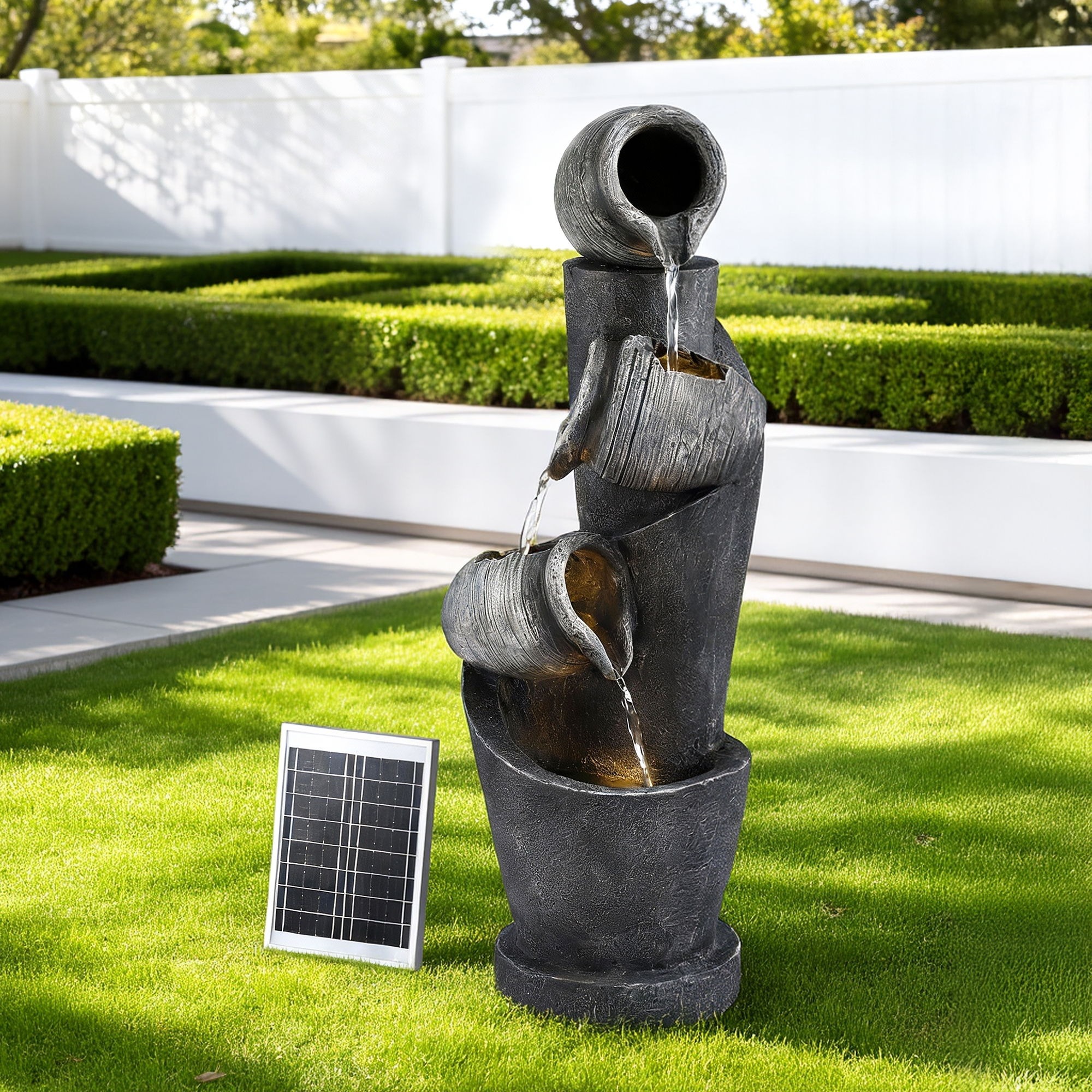 3-Tier Cascading Solar Water Fountain Grey Pot Design with LED Lights 80CM 350L/H Flow