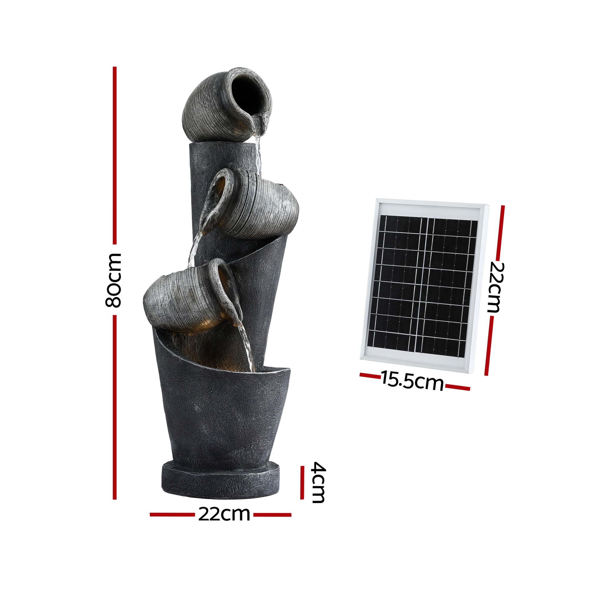 3-Tier Cascading Solar Water Fountain Grey Pot Design with LED Lights 80CM 350L/H Flow - Image 7
