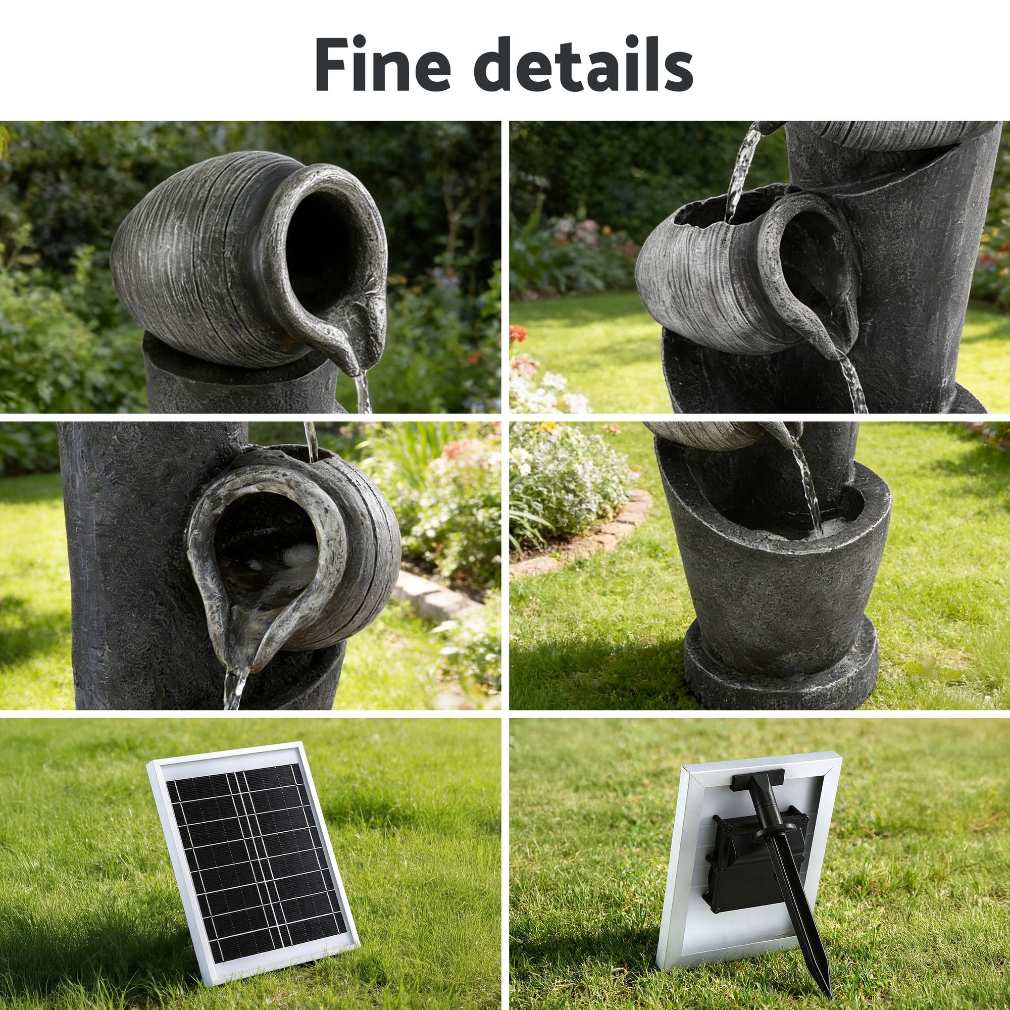 3-Tier Cascading Solar Water Fountain Grey Pot Design with LED Lights 80CM 350L/H Flow - Image 3