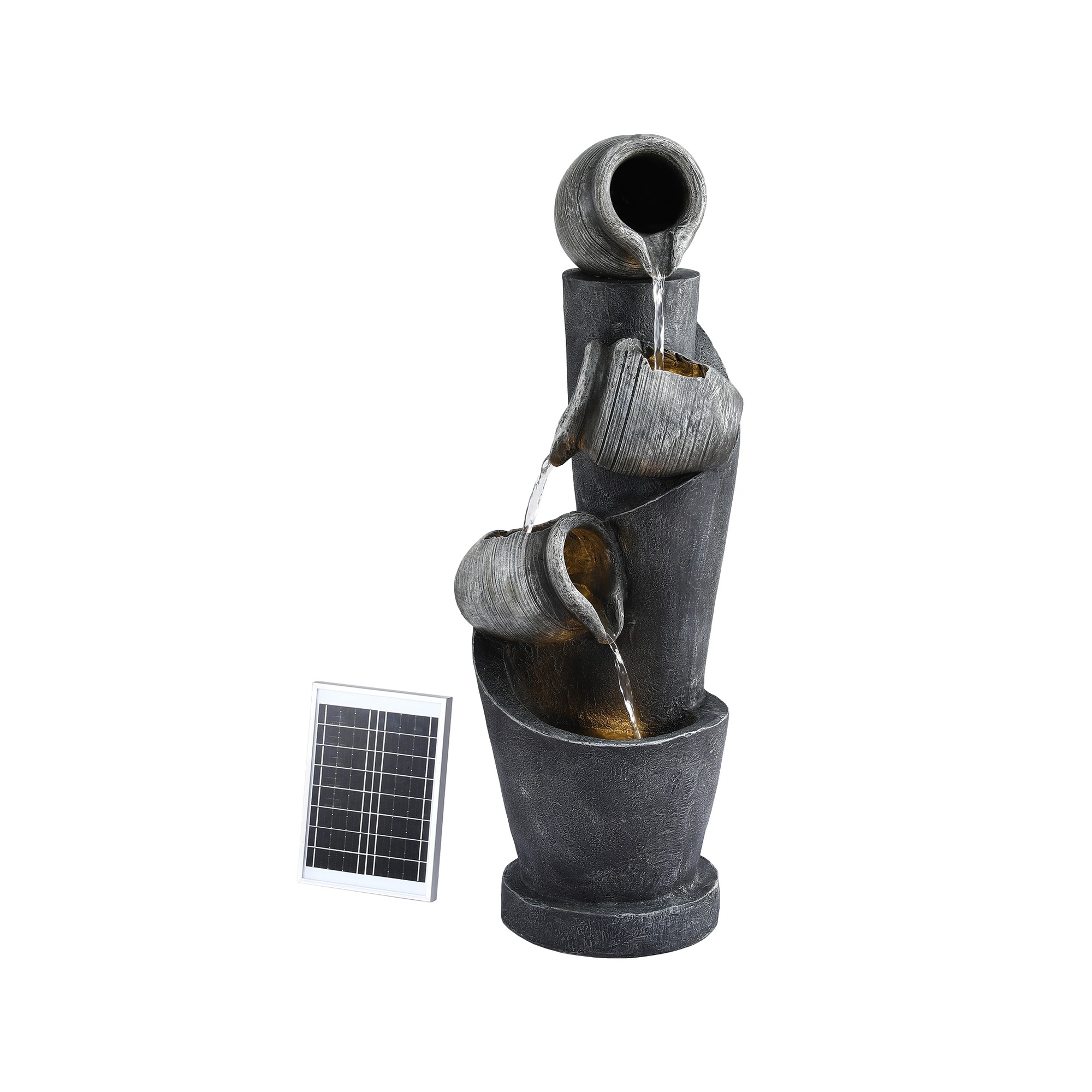 3-Tier Cascading Solar Water Fountain Grey Pot Design with LED Lights 80CM 350L/H Flow