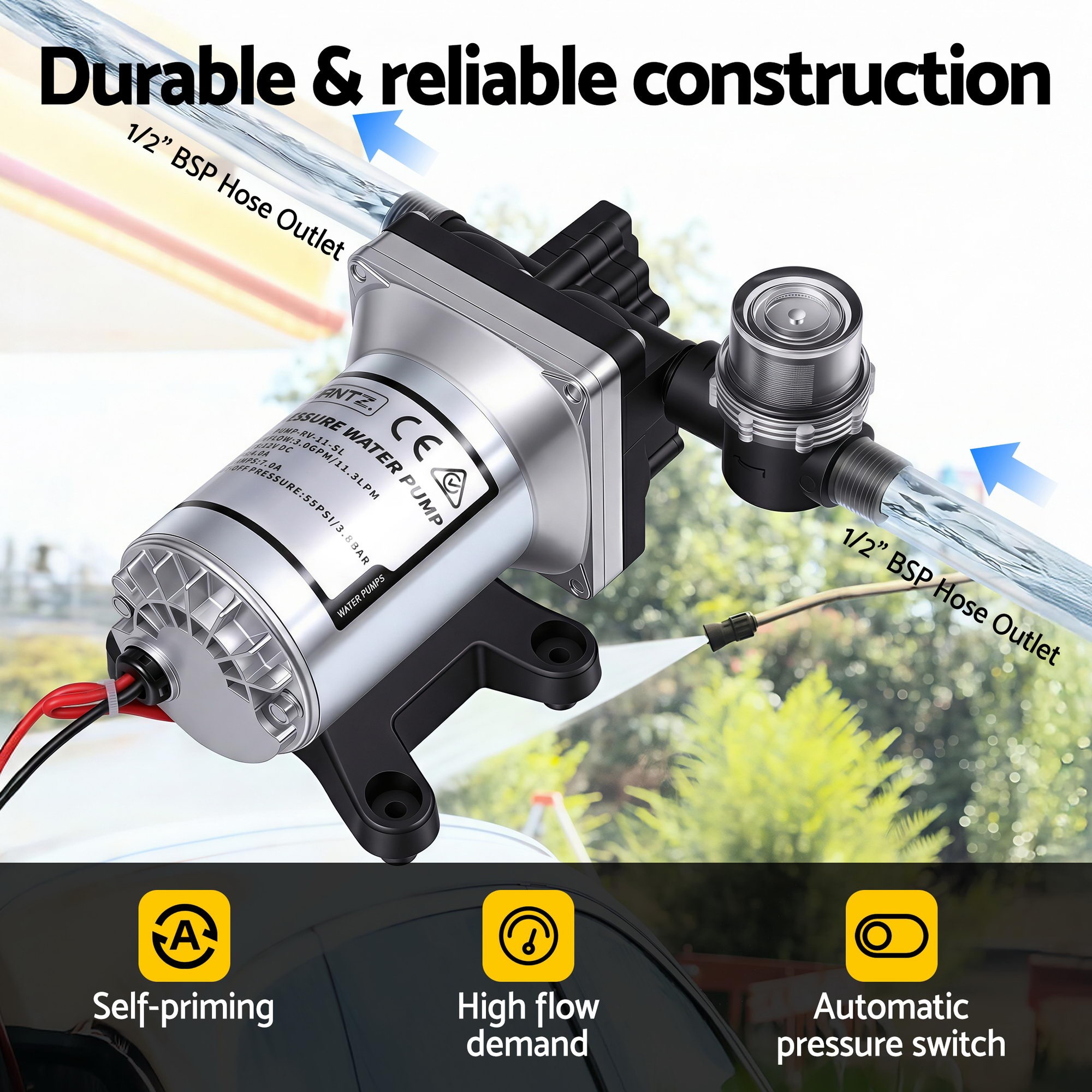 12V High Pressure Self-Priming Water Pump with Auto Switch for RV Caravan & Boat 11.3L/Min Flow - Image 8