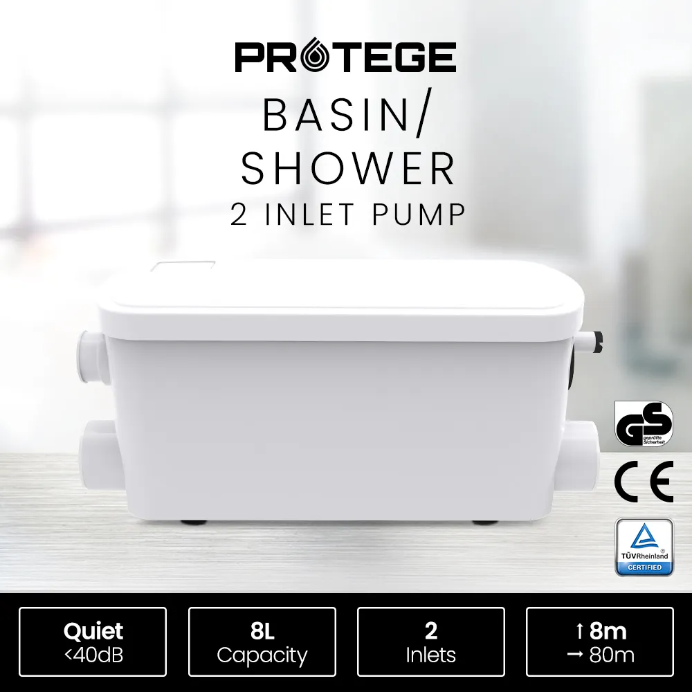 2 Inlet Grey Water Pump for Bathroom Fixtures Shower Basin Bath 100L/min Flow - Image 2