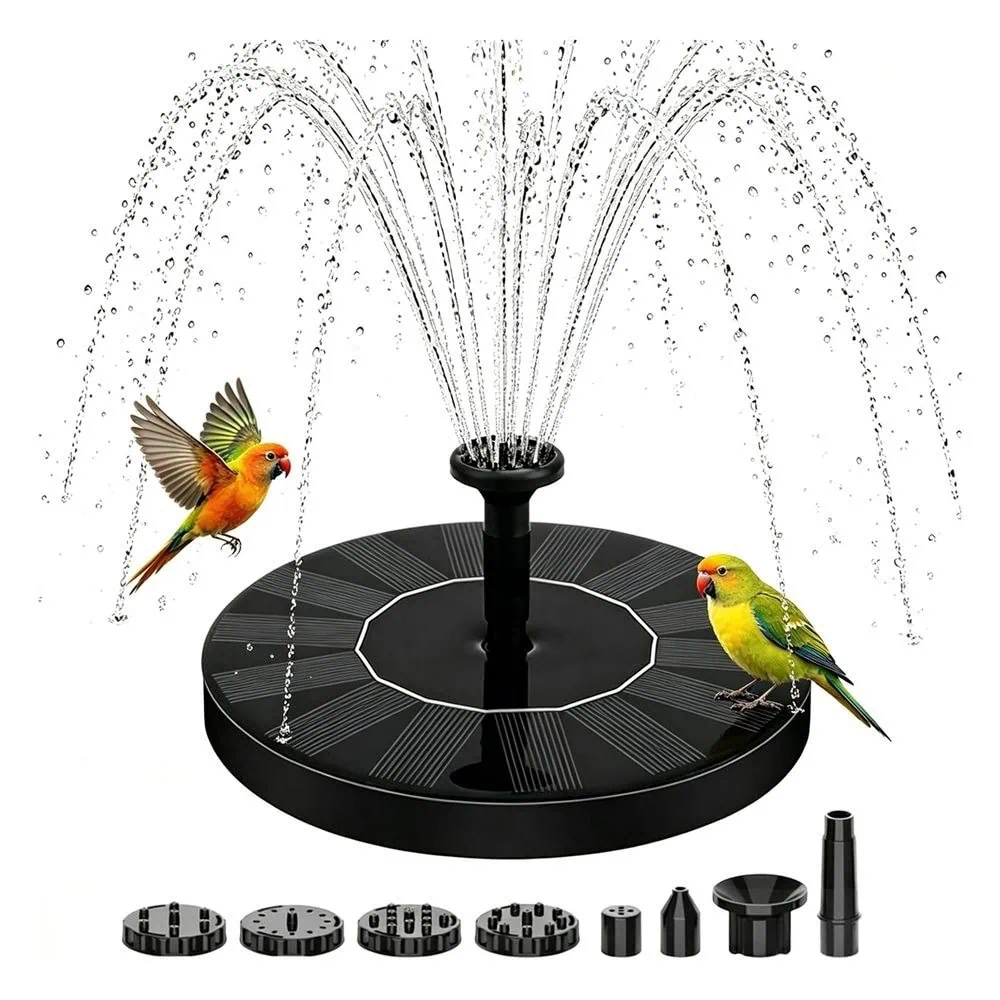 Floating solar bird bath fountain pump with stabilizing arms and 6 nozzles