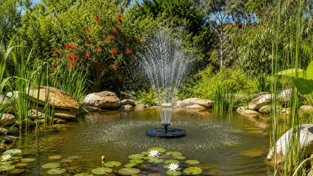 A lush Australian garden pond with a solar-powered fountain spraying water in bright sunlight