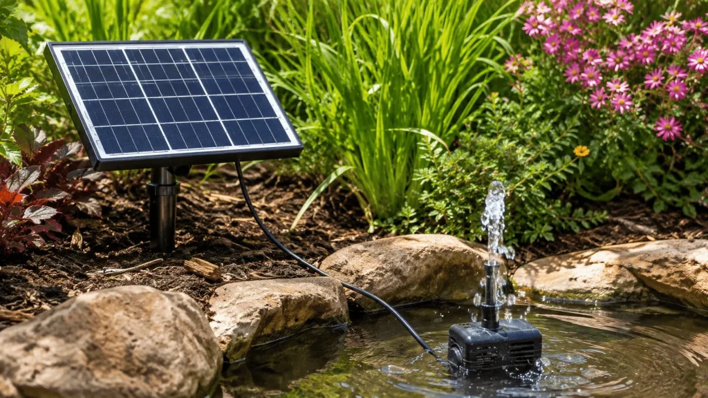 Close-up of a small solar panel mounted in a garden bed connected to a compact submersible water pump