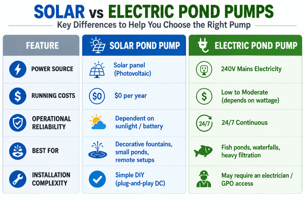 Comparison graphic illustrating the key differences between solar and mains electric pond pumps
