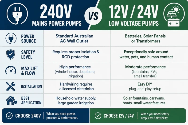 Comparison graphic showing differences between 240V mains pumps and 12V low voltage pumps
