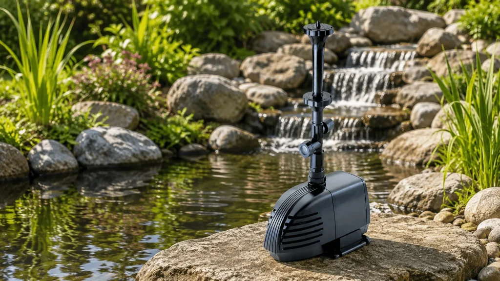 High-flow mains electric pump powering a large, multi-tier backyard rock waterfall