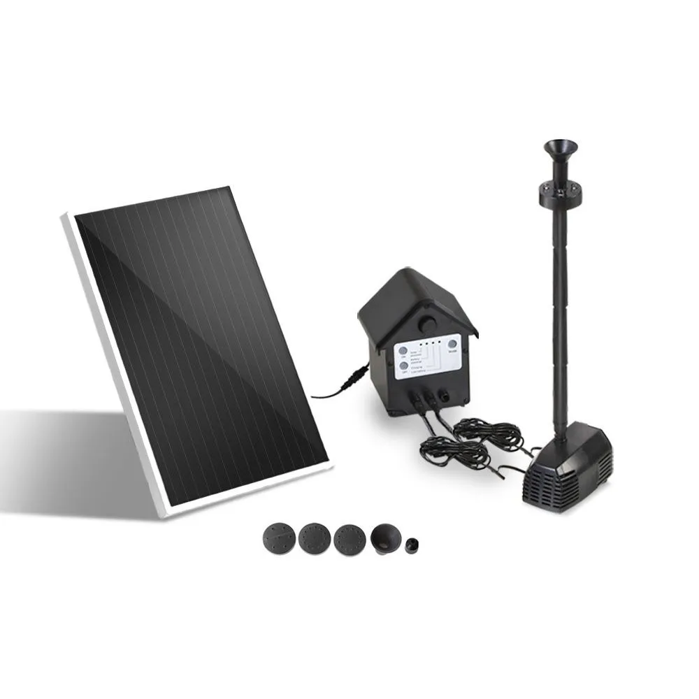 Solar fountain pump with solar panel, battery box and LED light spraying water