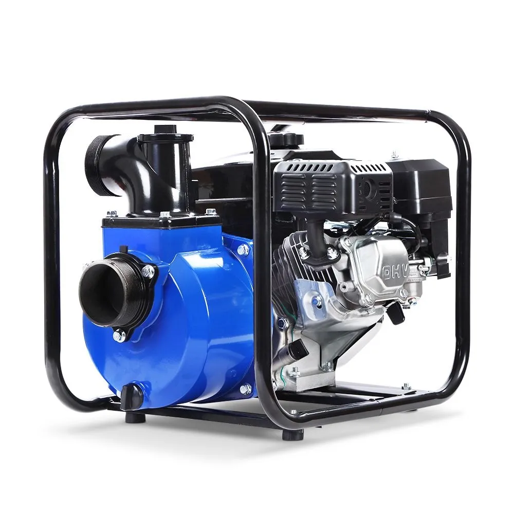 Giantz 4 stroke petrol water pump with black and blue frame and 80mm inlet and outlet