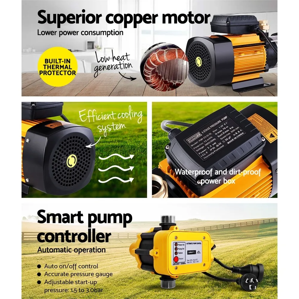 6 Stage Water Pump with Controller 2500W Max 12,000L/H 70m Head Rain Tank Garden Farm House Irrigation Yellow - Image 4