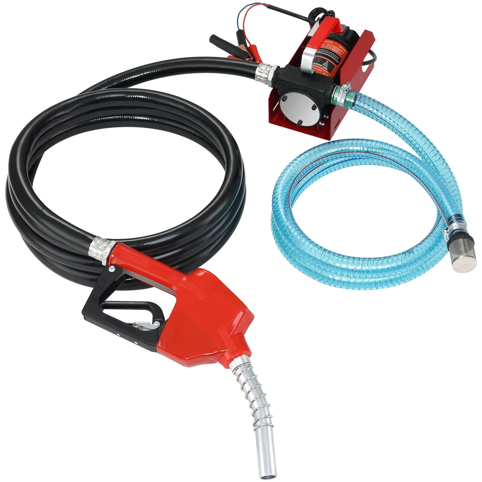 Diesel transfer pump kit with rubber outlet hose, PVC inlet hose and automatic shut-off fuel nozzle