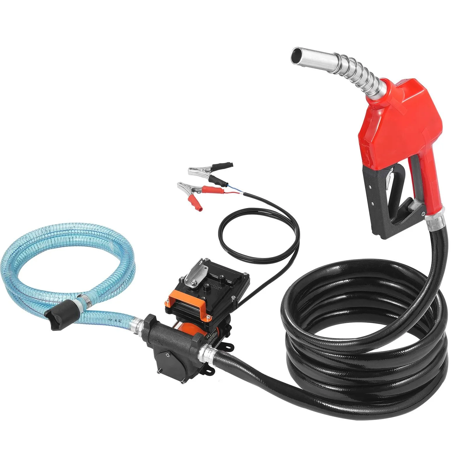 12V fuel transfer pump with rubber outlet hose, inlet hose and automatic shut-off fuel nozzle
