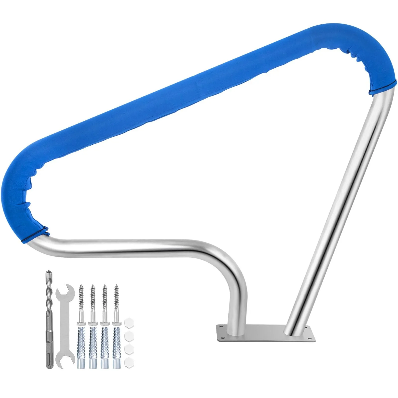 Stainless steel pool handrail with nylon grip cover and base plate