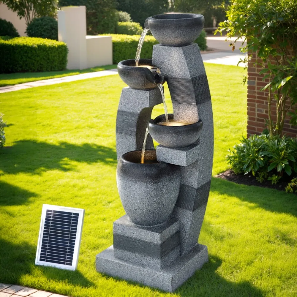 Cascading Solar Fountain 4 Tier Water Feature Outdoor and Indoor Grey 350L/H 1.35m Head - Image 4