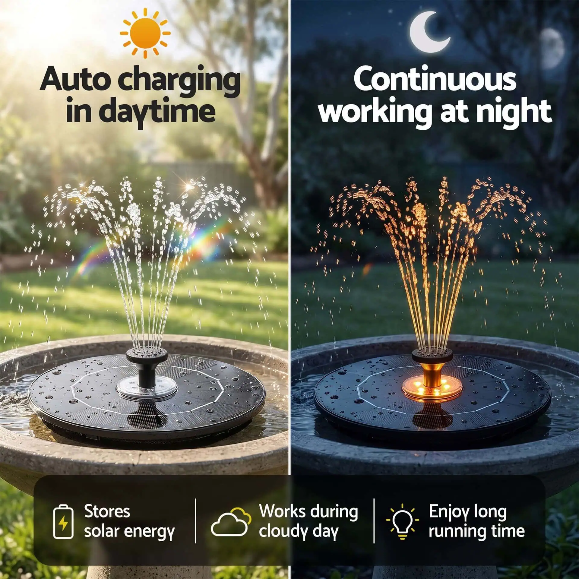 Floating Solar Fountain Pump with 6 Colour LED Lights, 9 Spray Heads 165L/h Flow - Image 8