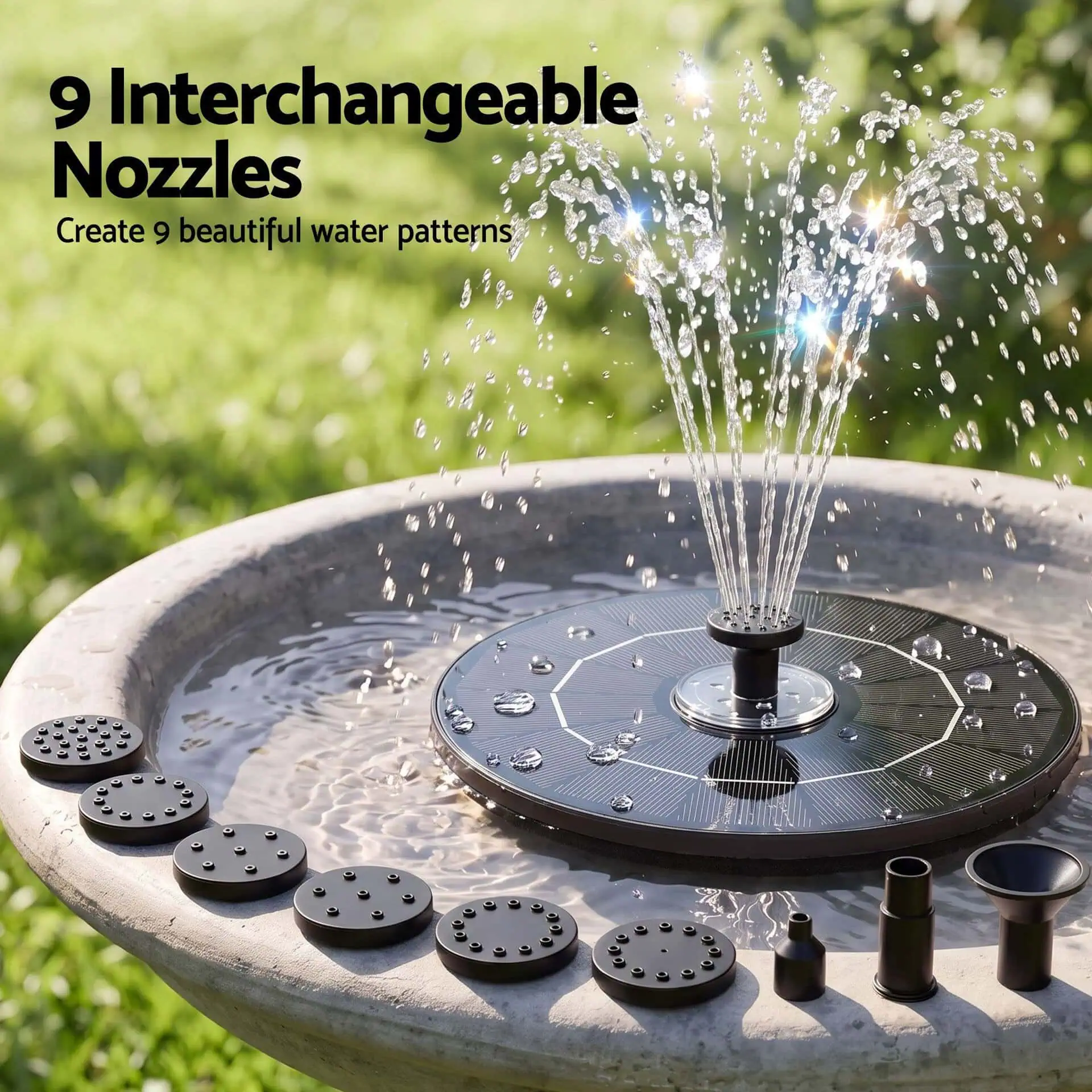 Floating Solar Fountain Pump with 6 Colour LED Lights, 9 Spray Heads 165L/h Flow - Image 7