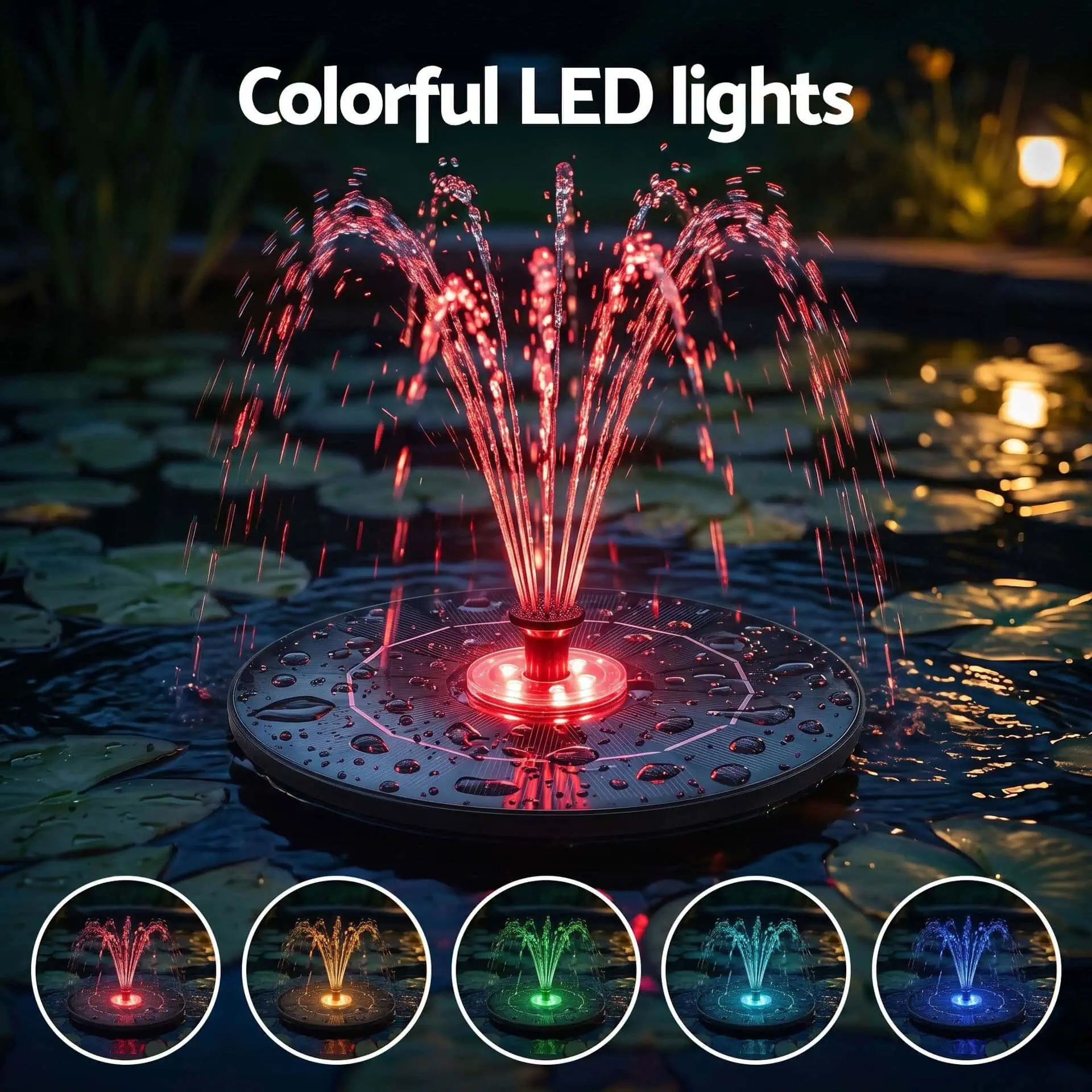 Floating Solar Fountain Pump with 6 Colour LED Lights, 9 Spray Heads 165L/h Flow - Image 4
