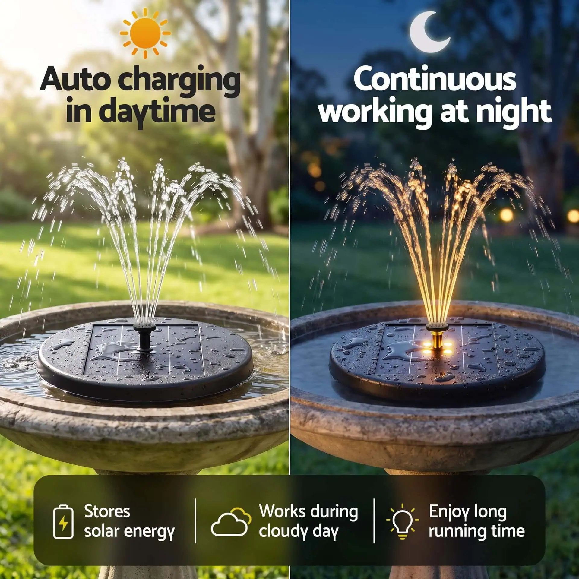 2.5W Solar Fountain Pump with 4 LED Lights, Remote Control & 5 Spray Heads, 250L/h, Black - Image 9