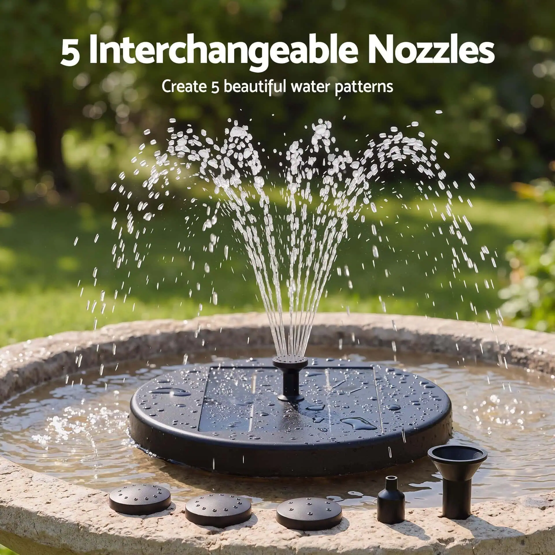 2.5W Solar Fountain Pump with 4 LED Lights, Remote Control & 5 Spray Heads, 250L/h, Black - Image 8