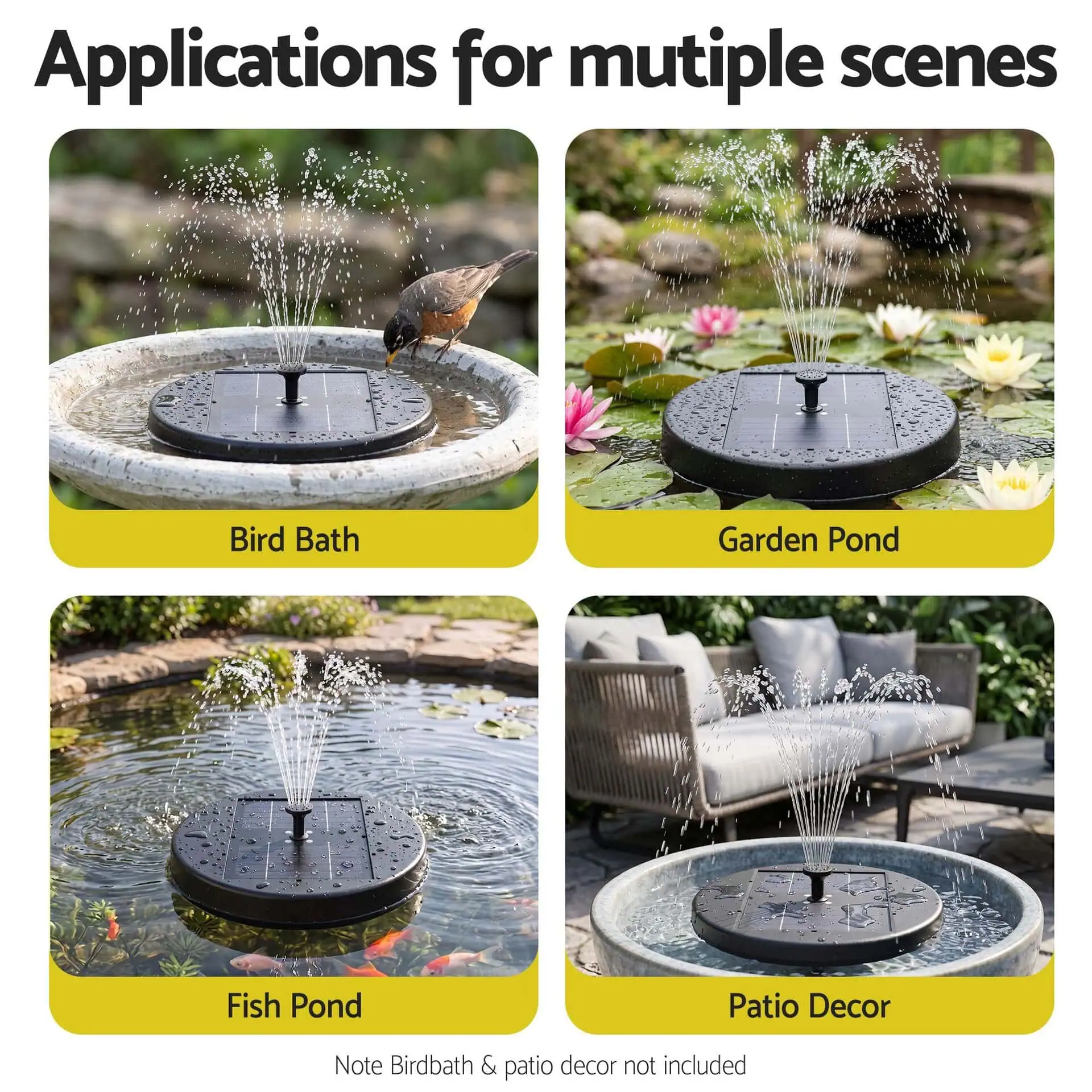 2.5W Solar Fountain Pump with 4 LED Lights, Remote Control & 5 Spray Heads, 250L/h, Black - Image 6