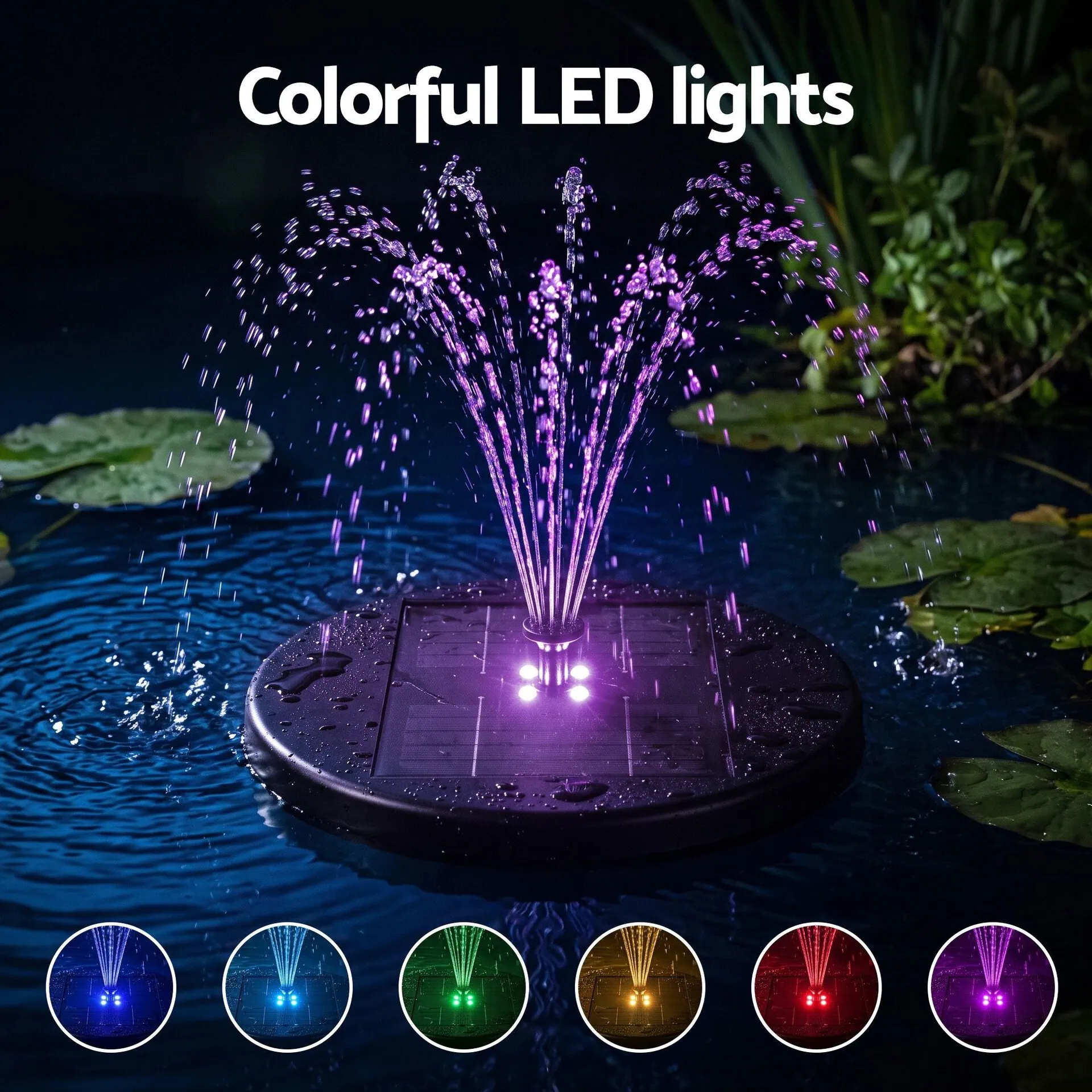 2.5W Solar Fountain Pump with 4 LED Lights, Remote Control & 5 Spray Heads, 250L/h, Black - Image 4