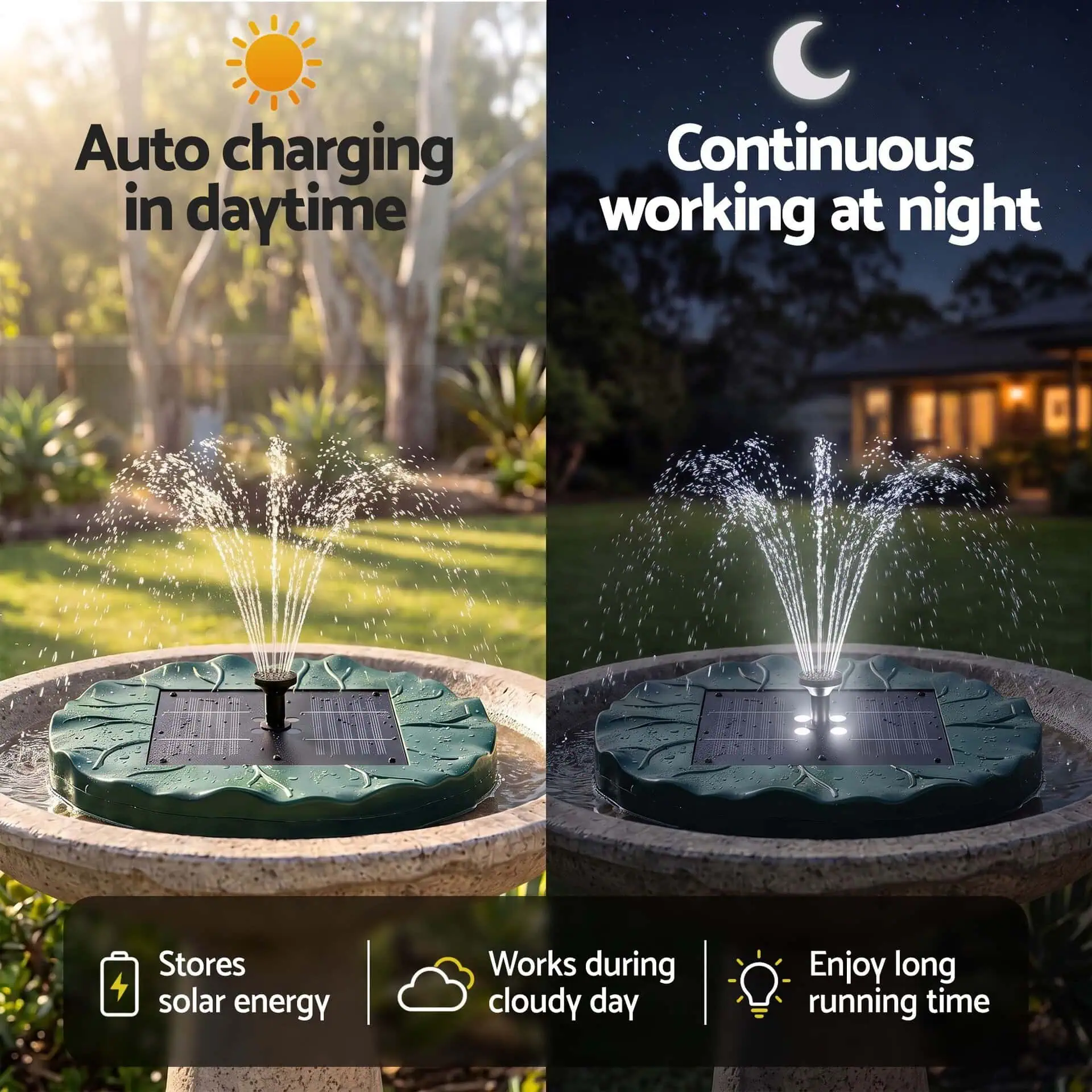 1.2W Solar Fountain Pump with 4 LED Lights, Remote Control & 5 Spray Heads, 150L/h, Green - Image 9