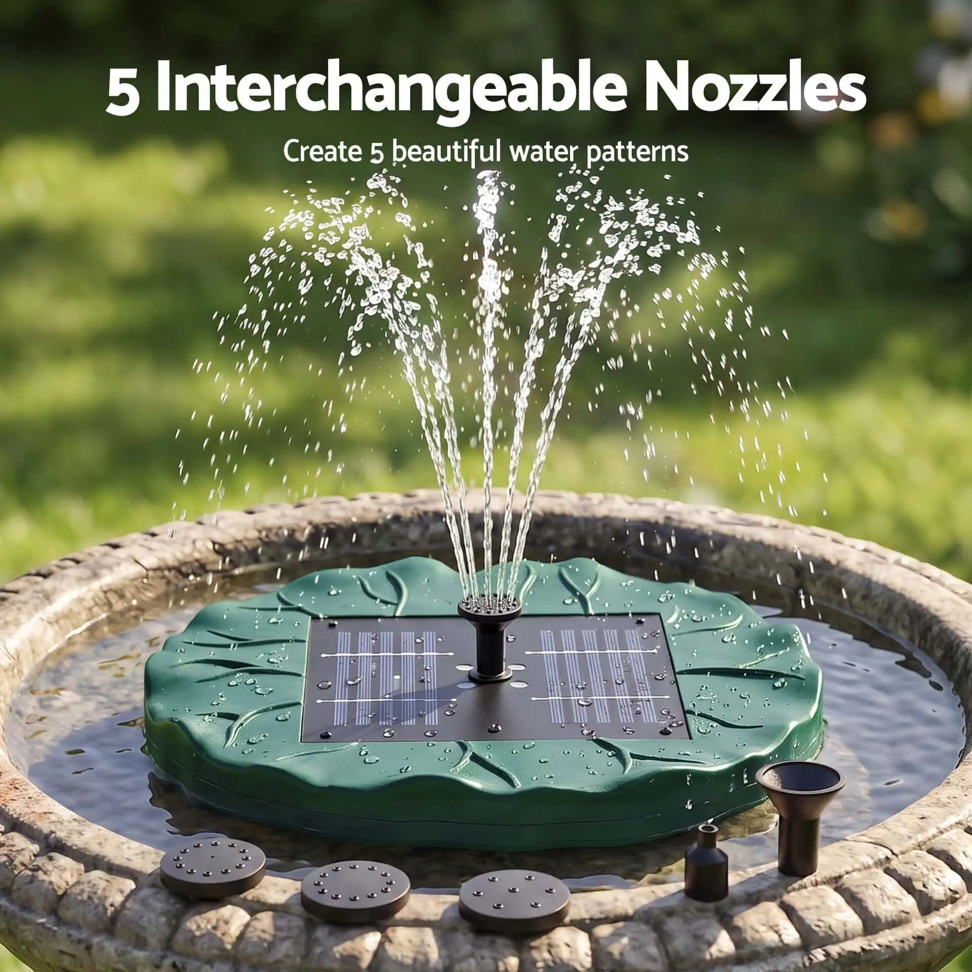 1.2W Solar Fountain Pump with 4 LED Lights, Remote Control & 5 Spray Heads, 150L/h, Green - Image 8