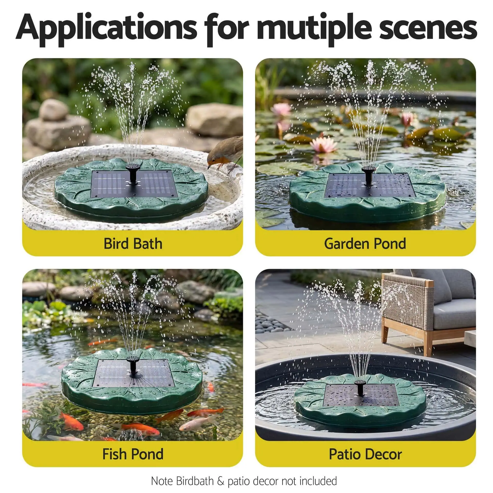 1.2W Solar Fountain Pump with 4 LED Lights, Remote Control & 5 Spray Heads, 150L/h, Green - Image 5