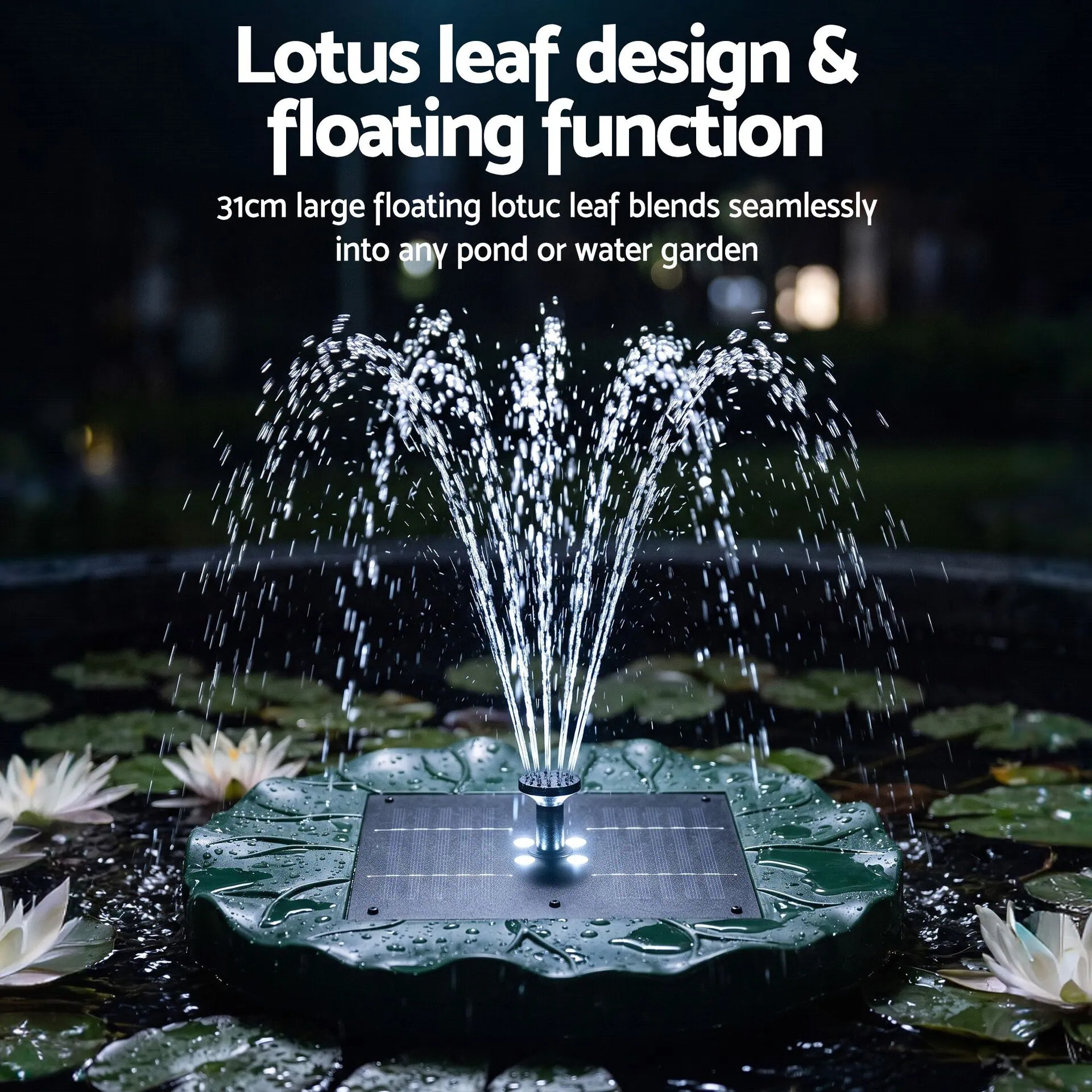 1.2W Solar Fountain Pump with 4 LED Lights, Remote Control & 5 Spray Heads, 150L/h, Green - Image 4